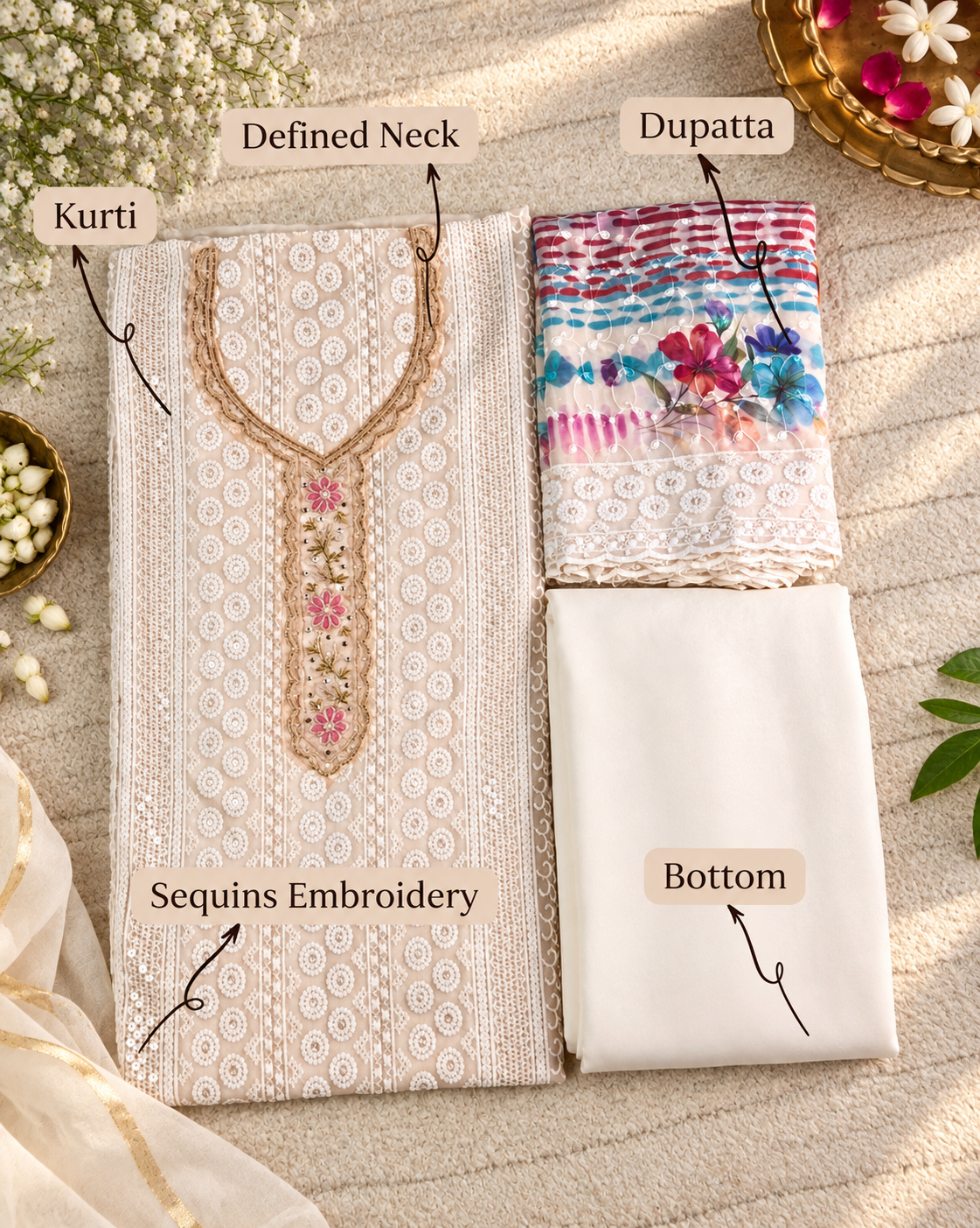 Georgette Floral Unstitched Suit- Peach Floral Neck