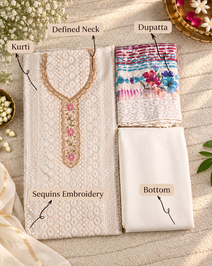 Georgette Floral Unstitched Suit- Peach Floral Neck