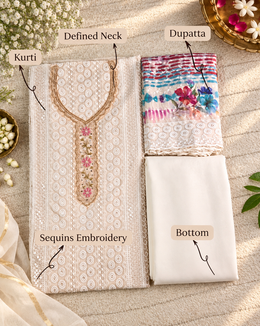Georgette Floral Unstitched Suit- Peach Floral Neck