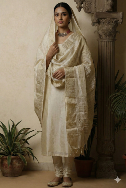 Gold Tissue Unstitched Suit Set with Crushed Banarasi Dupatta