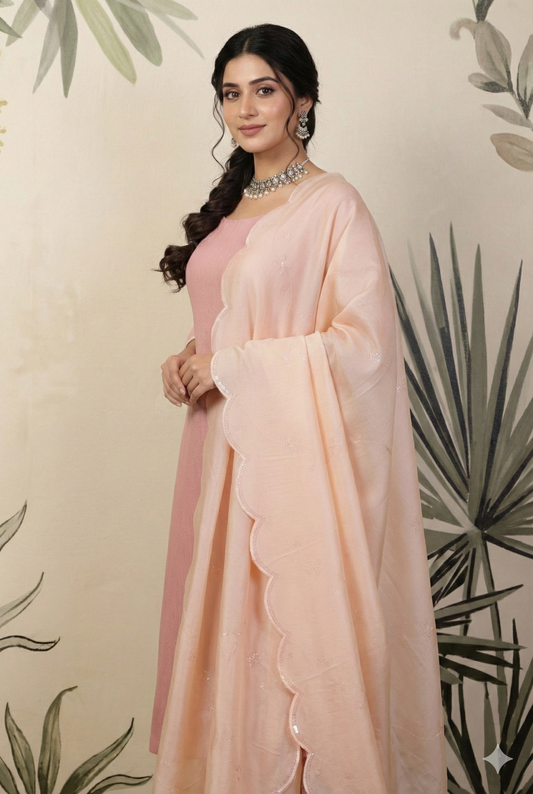 Pink Linen Unstitched Suit Set with Peach Sequins Embroidered Dupatta