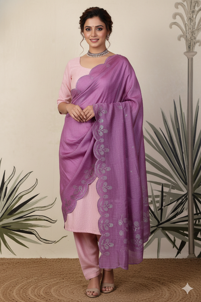 Pink Linen Unstitched Suit Set with Purple Sequins Embroidered Dupatta