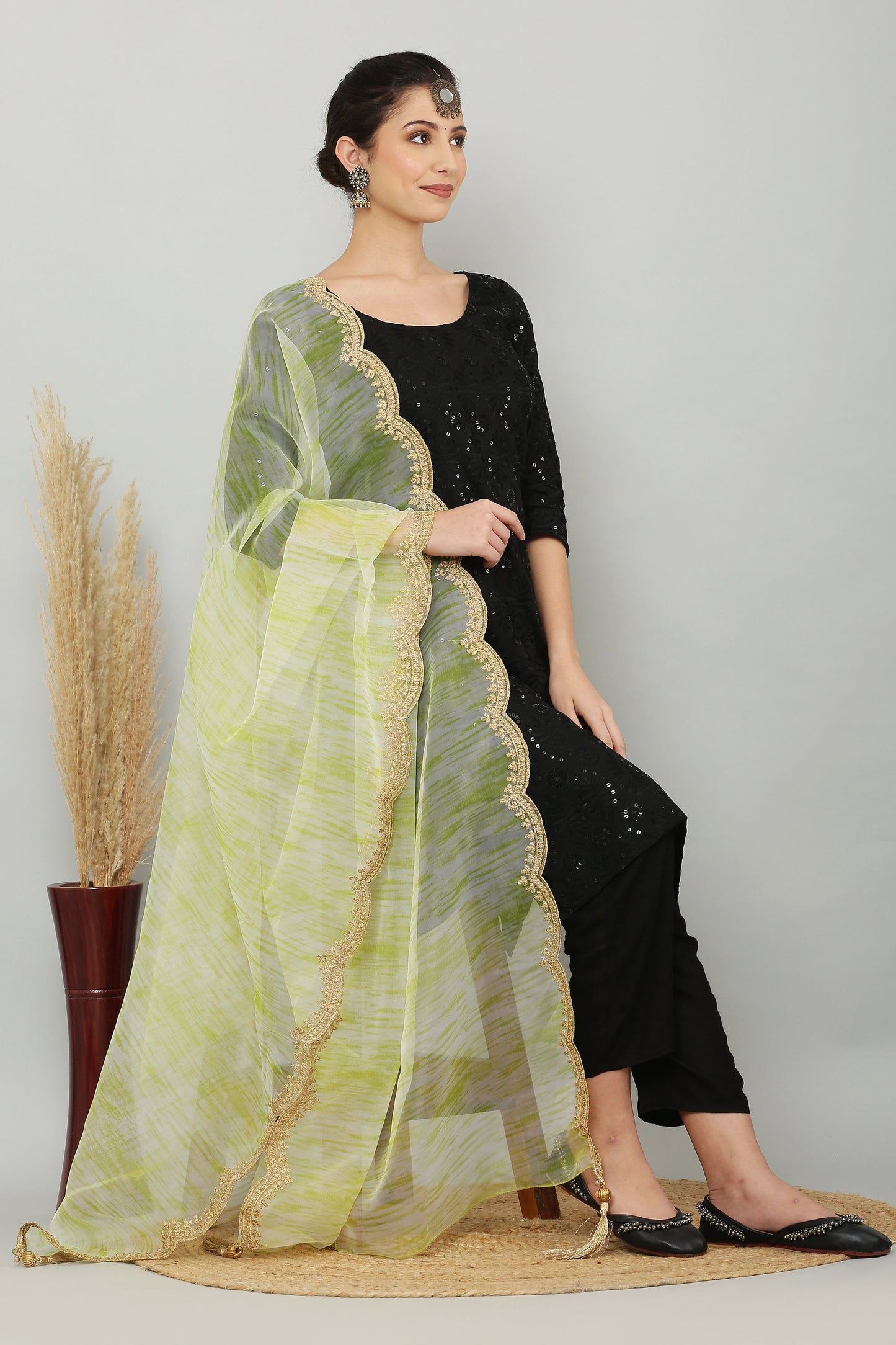 Organza Print Zari Dupatta - Green