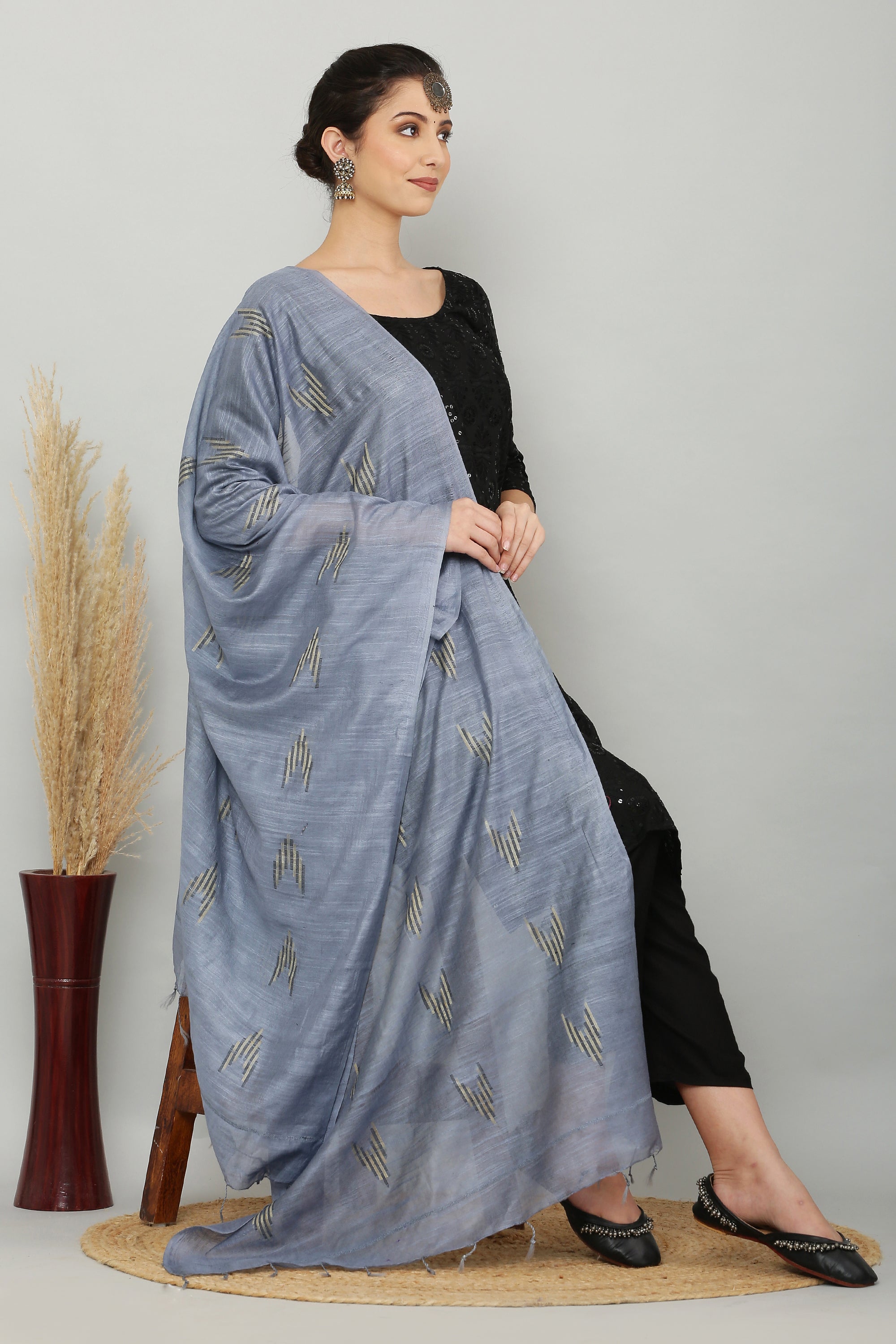 Dupatta-Cotton Slub Silk - Indigo Blue
