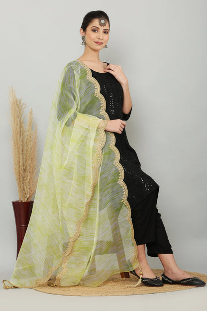 Organza Print Zari Dupatta - Green