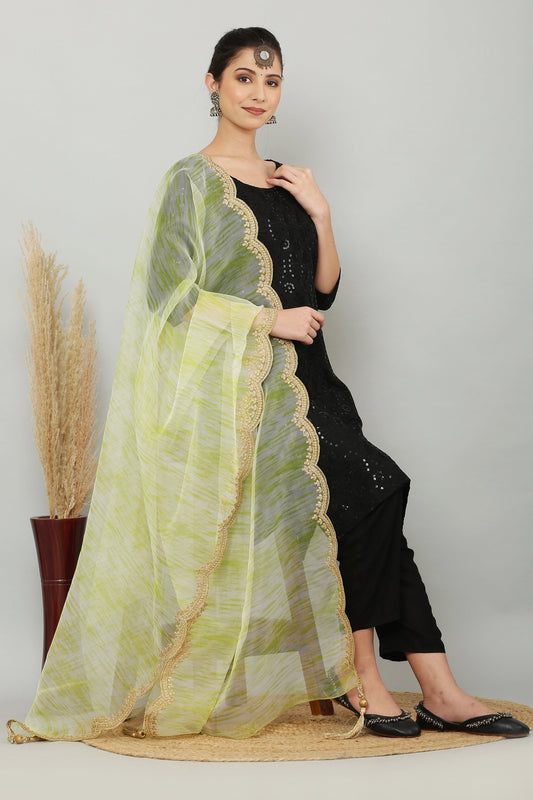 Organza Print Zari Dupatta - Green