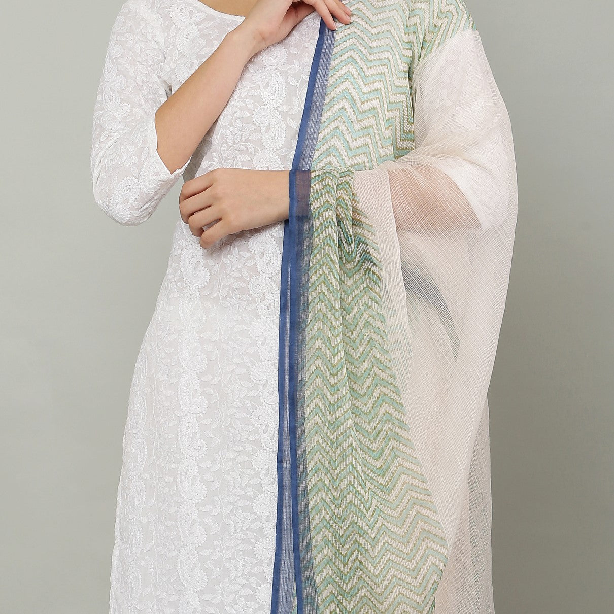 अks-Handblock Print Kota Doria Dupatta  - Green Lehriya