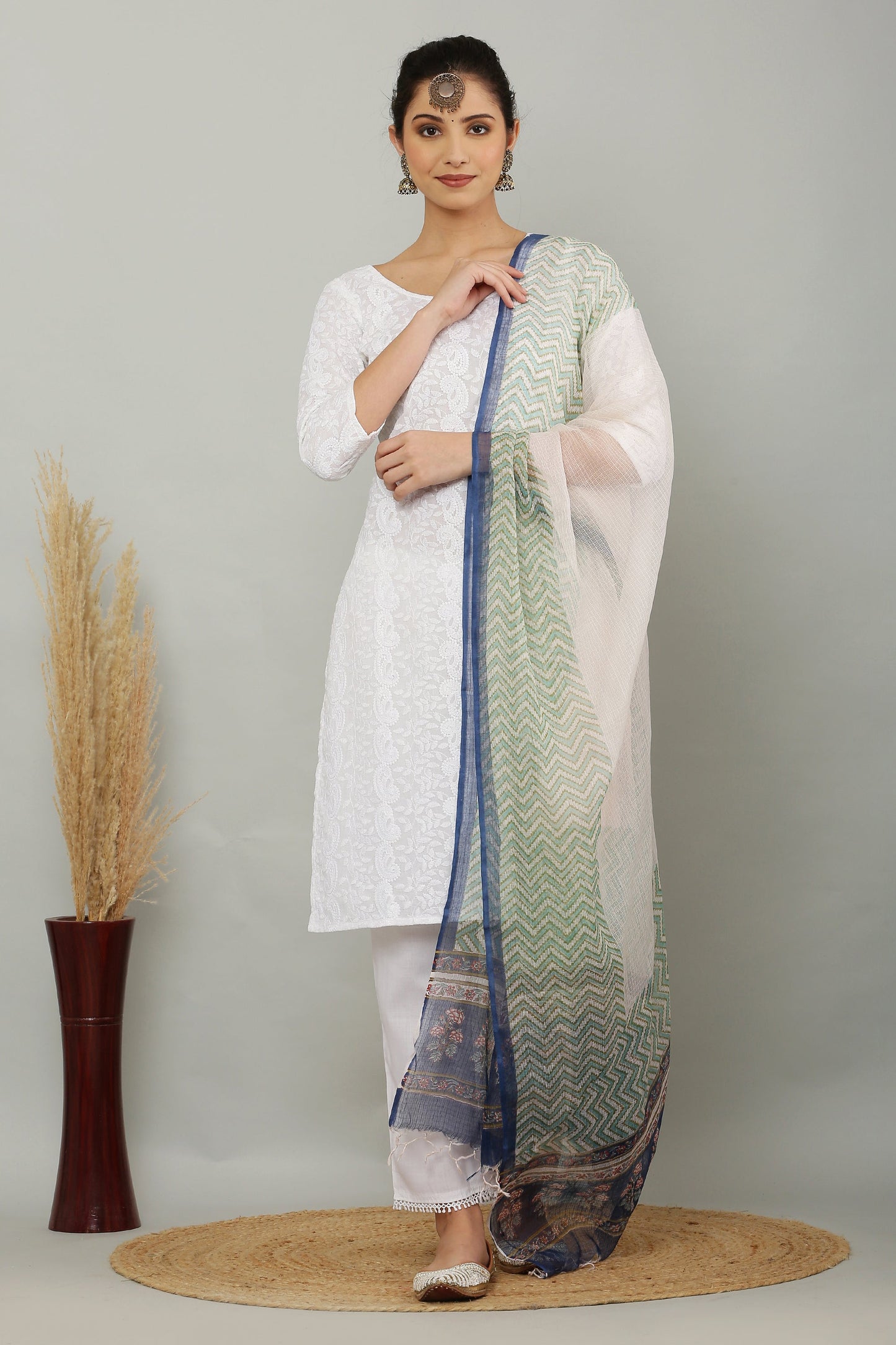 अks-Handblock Print Kota Doria Dupatta  - Green Lehriya