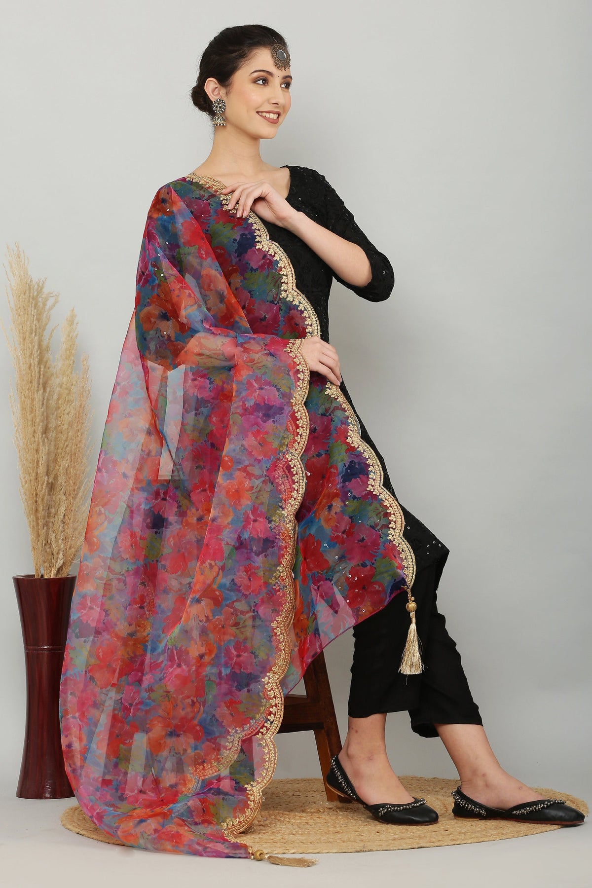 Organza Print Zari Dupatta - Multi Floral