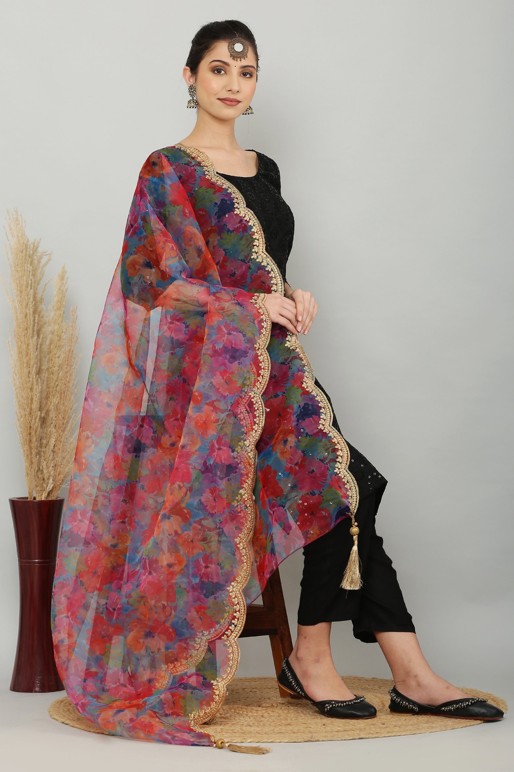 Organza Print Zari Dupatta - Multi Floral