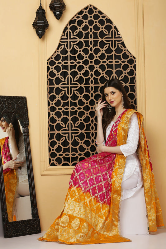 अks-Banarasi Bandhani Dupatta - Rani Pink n Yellow
