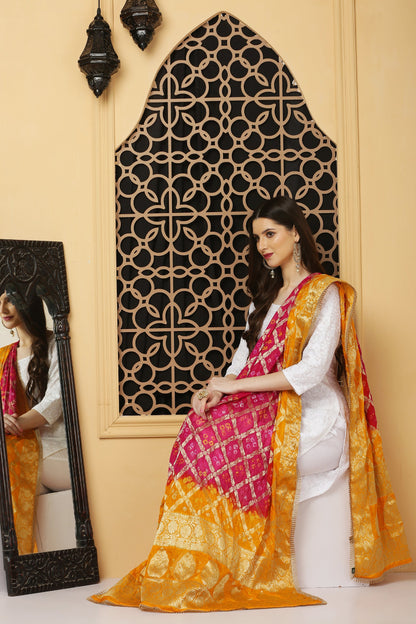 अks-Banarasi Bandhani Dupatta - Rani Pink n Yellow