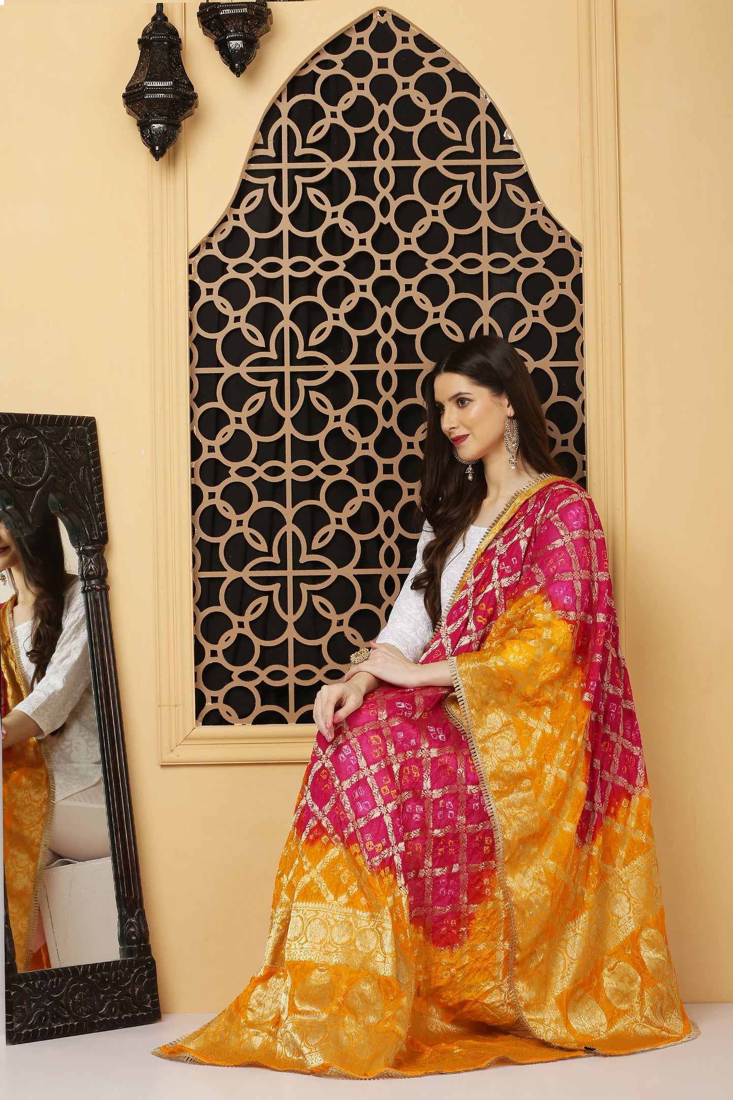 अks-Banarasi Bandhani Dupatta - Rani Pink n Yellow