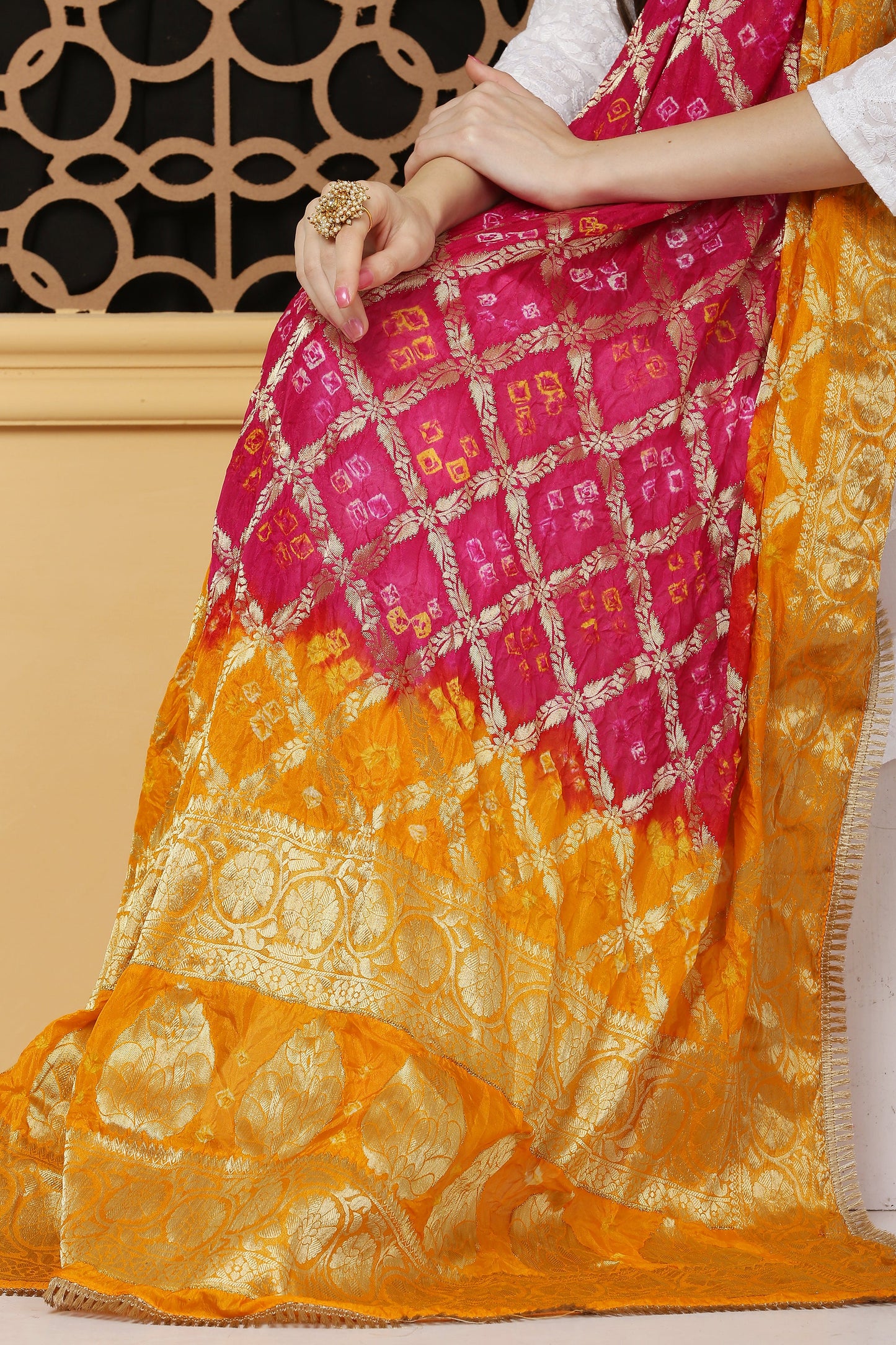 अks-Banarasi Bandhani Dupatta - Rani Pink n Yellow