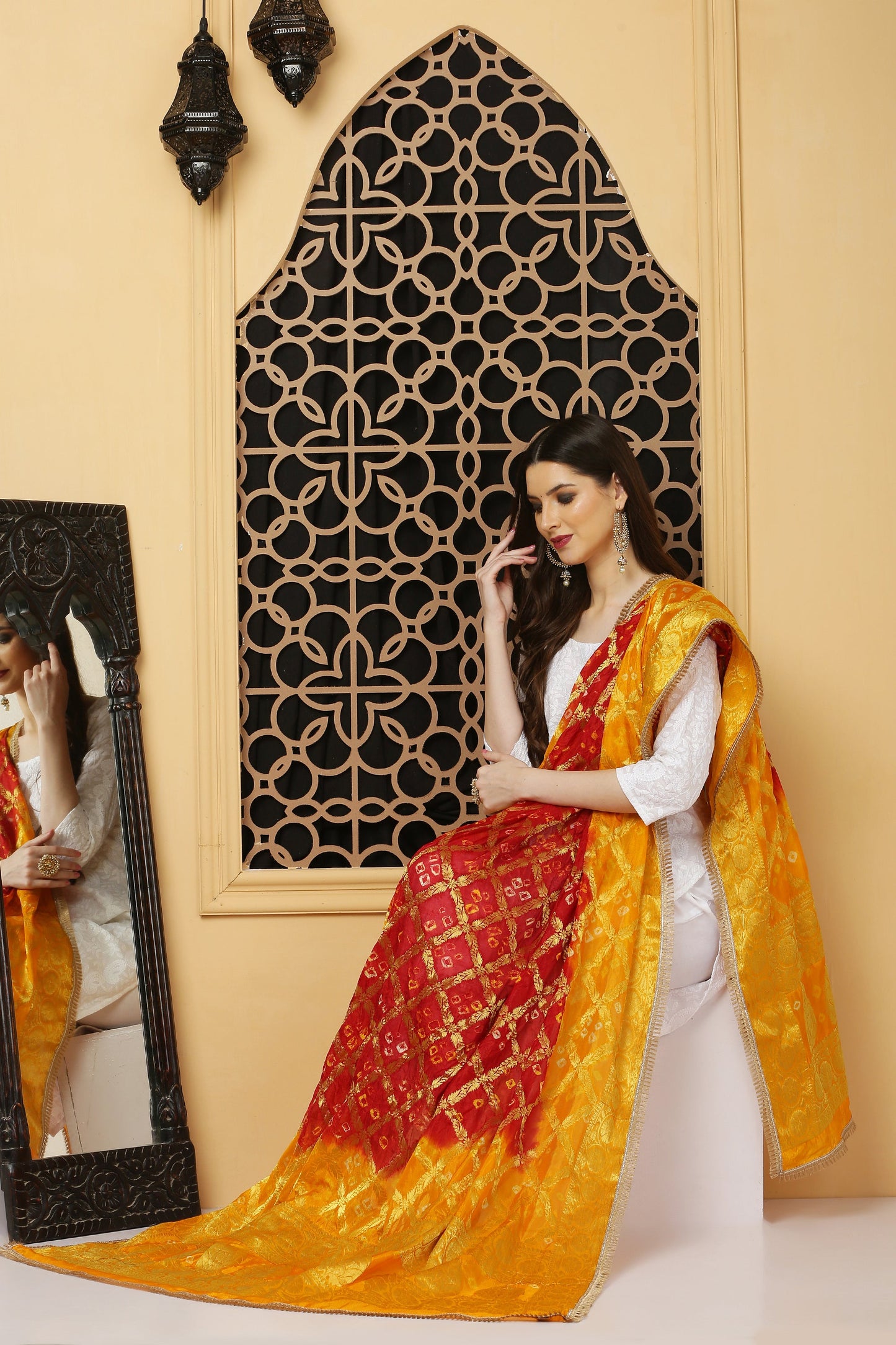 अks-Banarasi Bandhani Dupatta - Red n Yellow