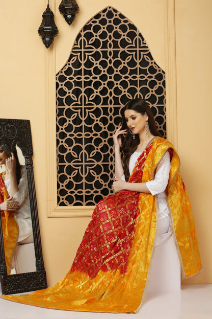 अks-Banarasi Bandhani Dupatta - Red n Yellow