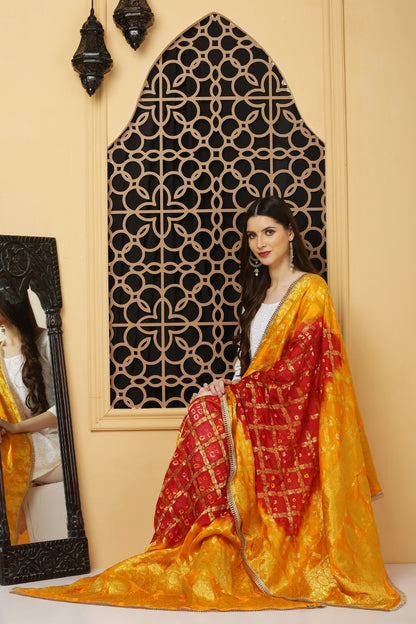 अks-Banarasi Bandhani Dupatta - Red n Yellow