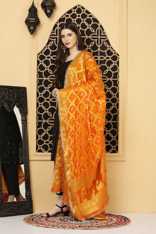 अks-Banarasi Bandhani Dupatta -Orangish Yellow