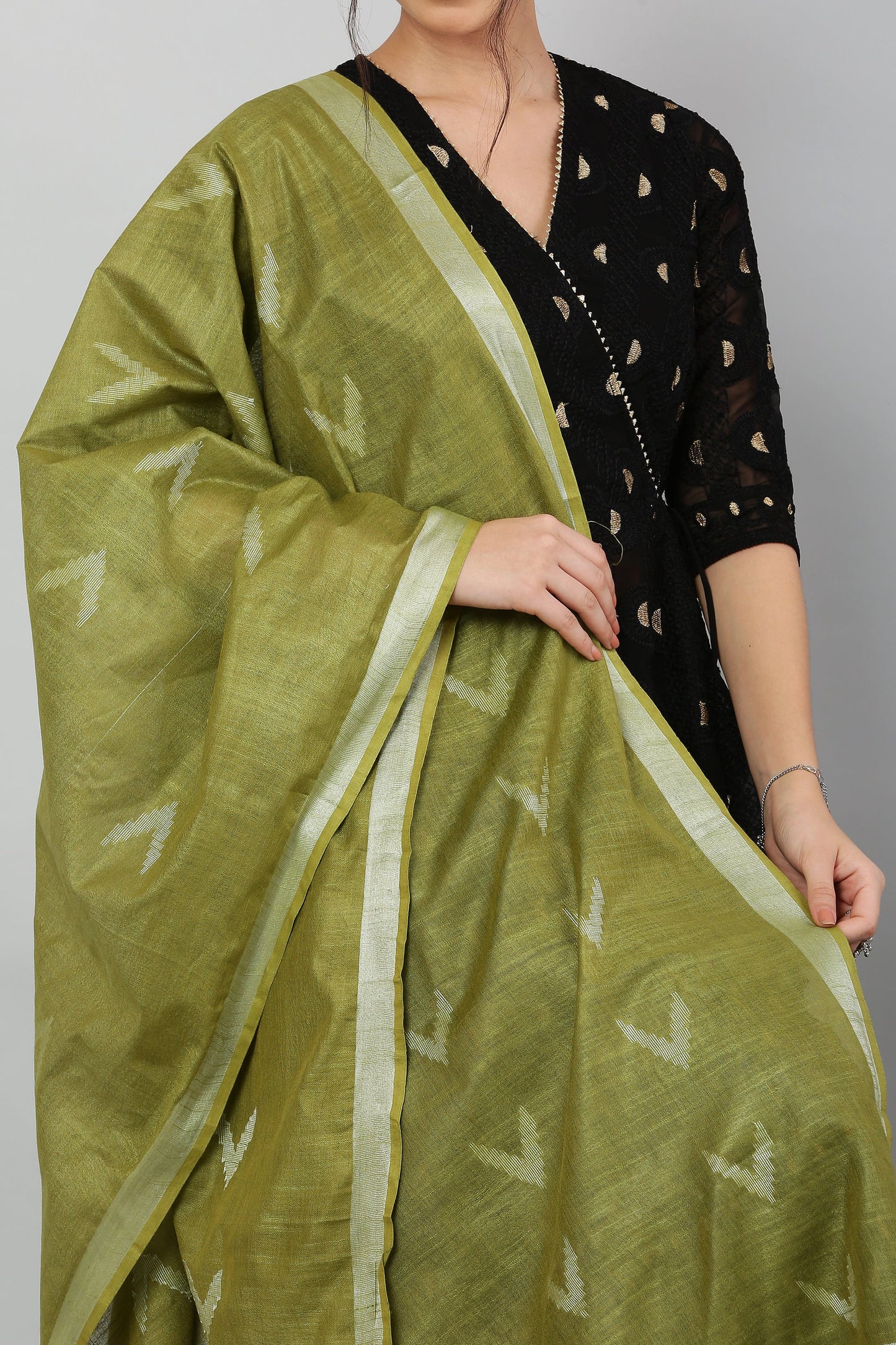Dupatta-Cotton Ikkat Buta-Light Olive Green