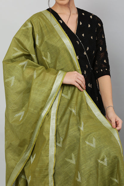Dupatta-Cotton Ikkat Buta-Light Olive Green