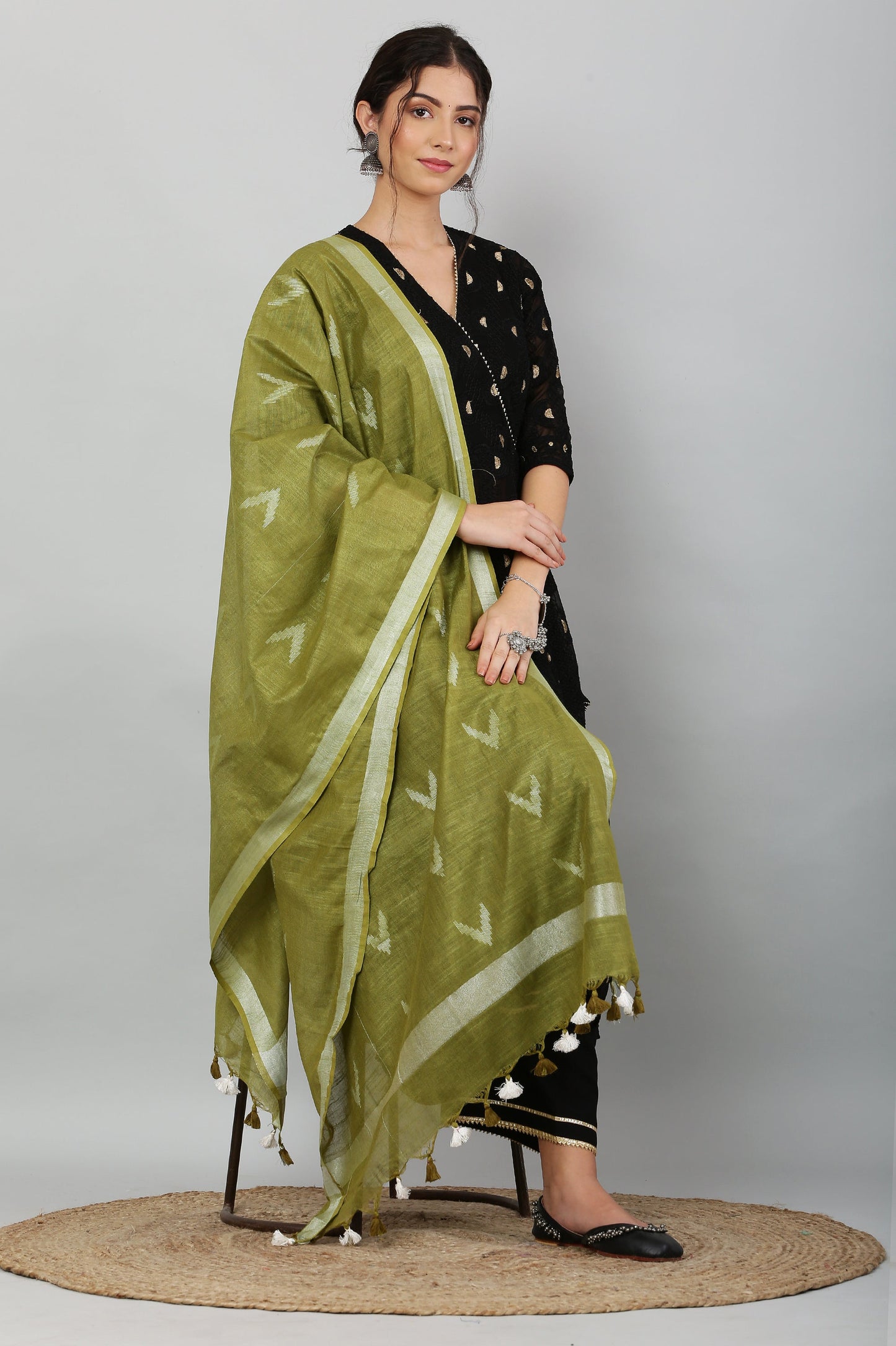 Dupatta-Cotton Ikkat Buta-Light Olive Green