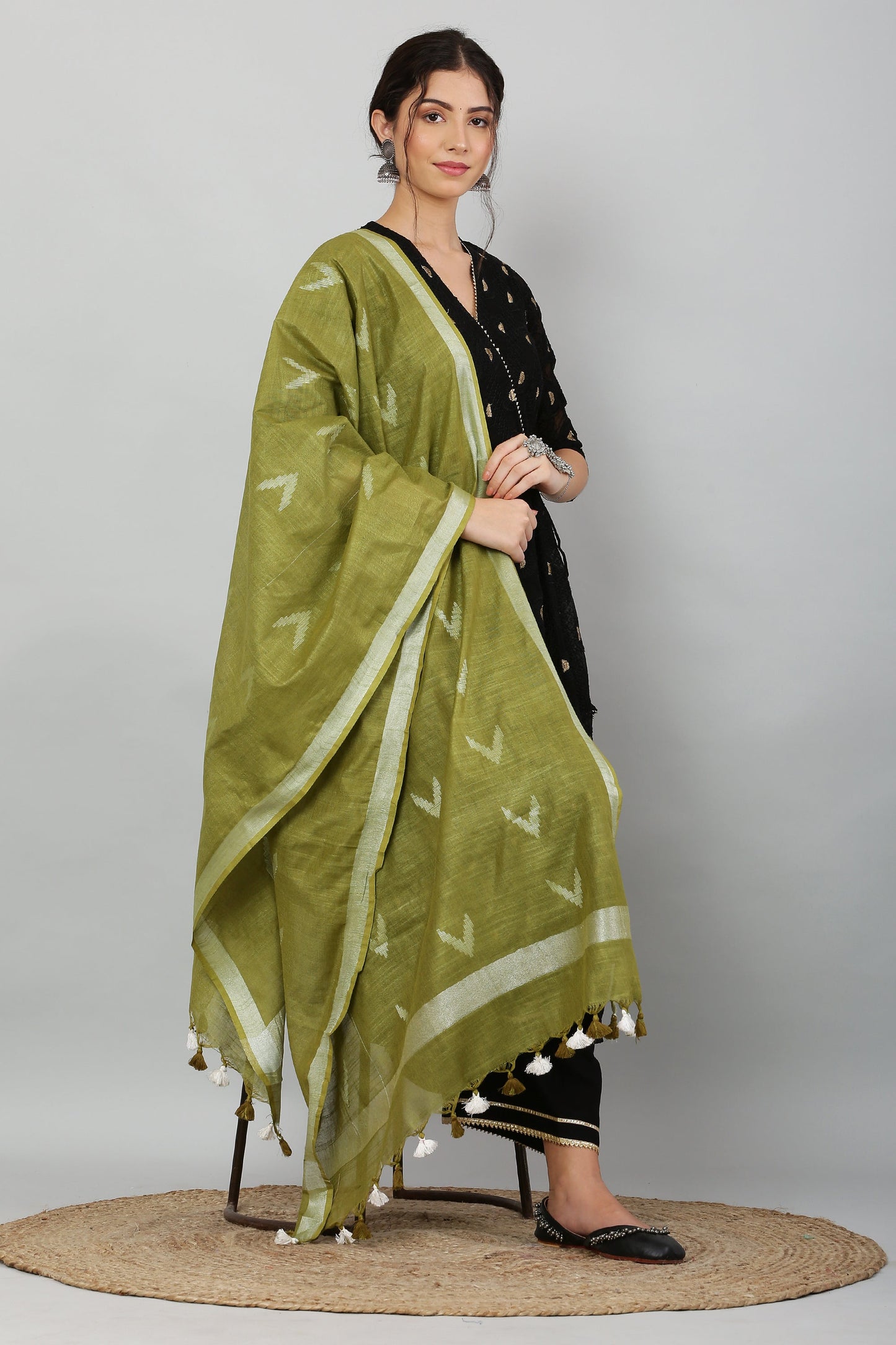 Dupatta-Cotton Ikkat Buta-Light Olive Green