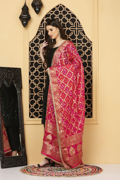 अks-Banarasi Bandhani Dupatta  -Rani Pink