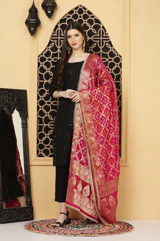 अks-Banarasi Bandhani Dupatta  -Rani Pink