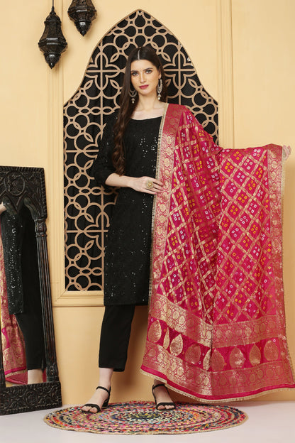 अks-Banarasi Bandhani Dupatta  -Rani Pink