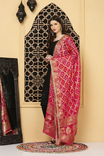 अks-Banarasi Bandhani Dupatta  -Rani Pink