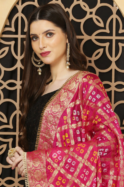अks-Banarasi Bandhani Dupatta  -Rani Pink