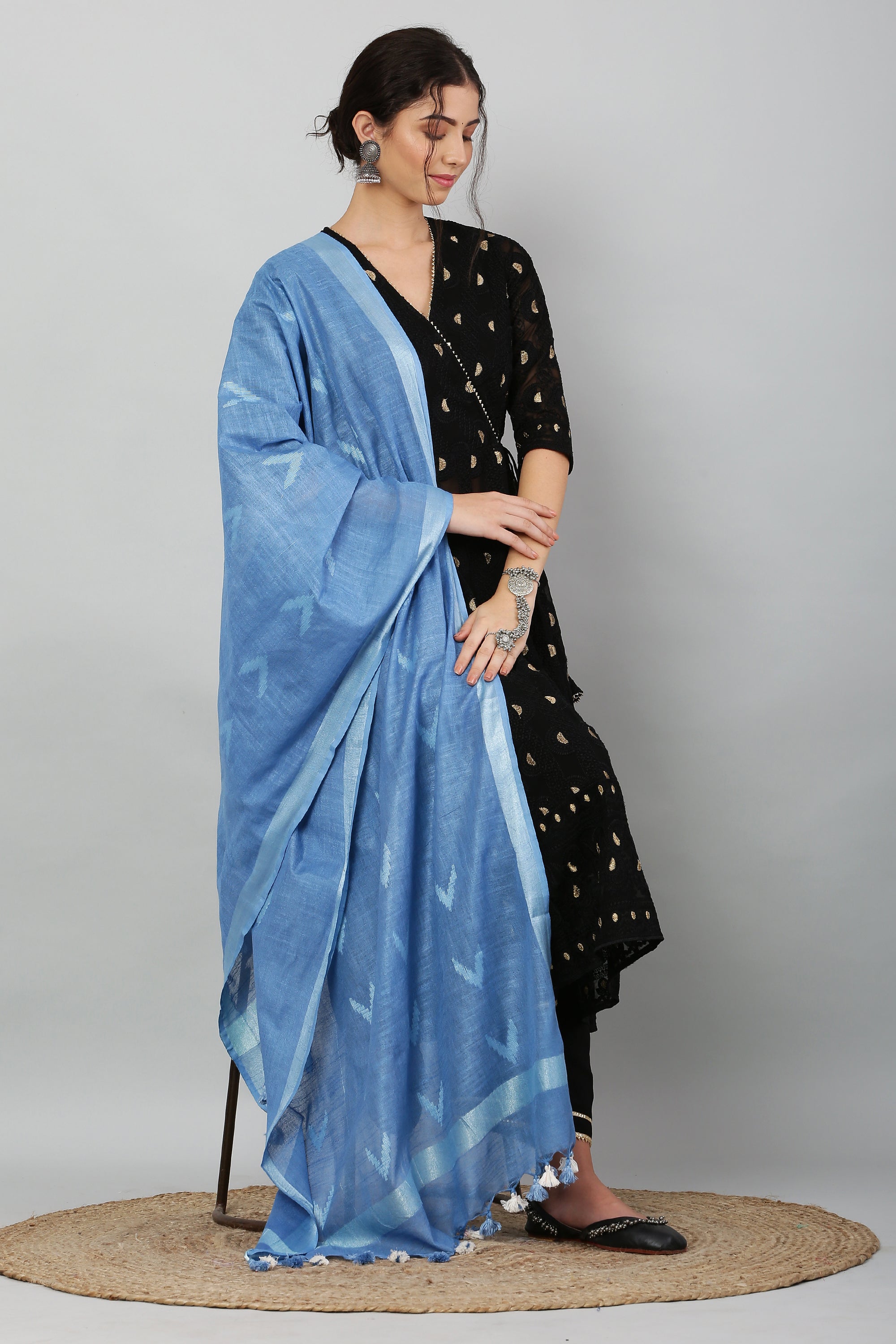 Dupatta-Cotton Ikkat Buta - Blue