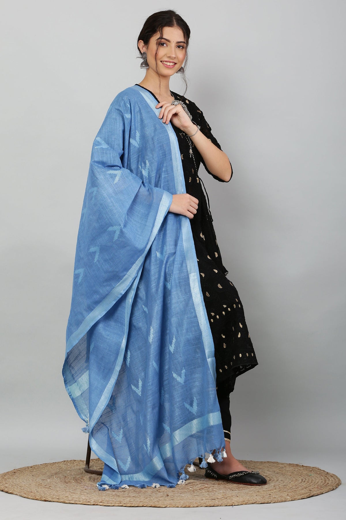 Dupatta-Cotton Ikkat Buta - Blue