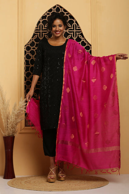 Dupatta-Banarasi Muga - Rani Pink