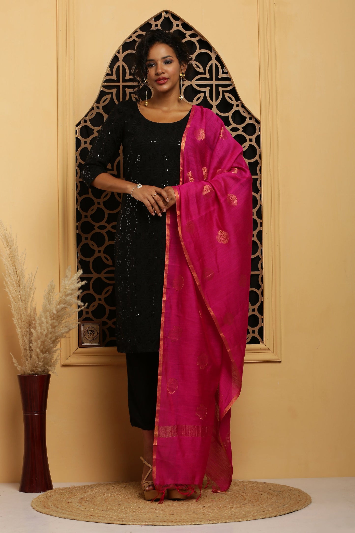 Dupatta-Banarasi Muga - Rani Pink