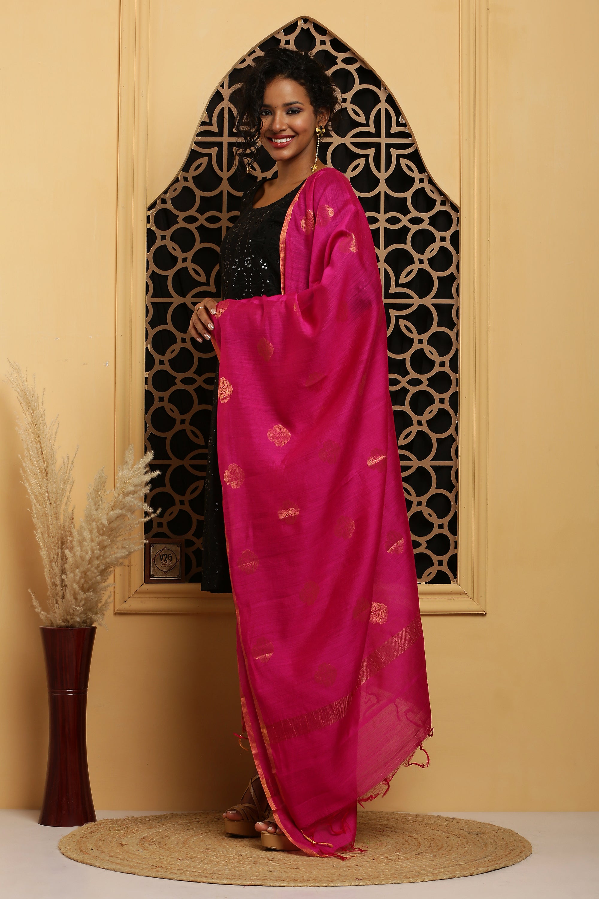 Dupatta-Banarasi Muga - Rani Pink