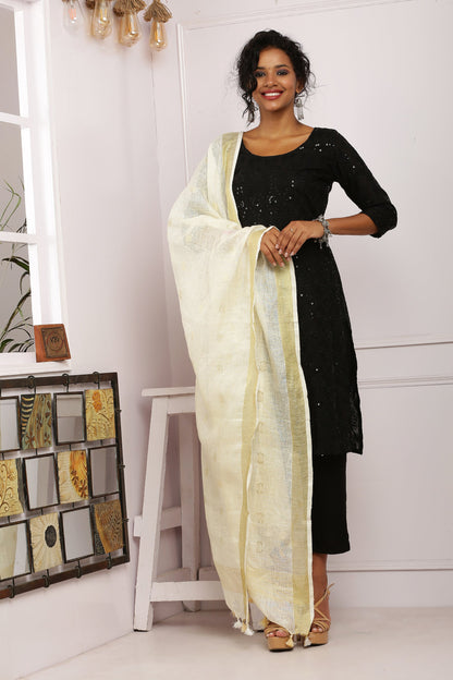 Dupatta - Cotton Gold Linen - Cream