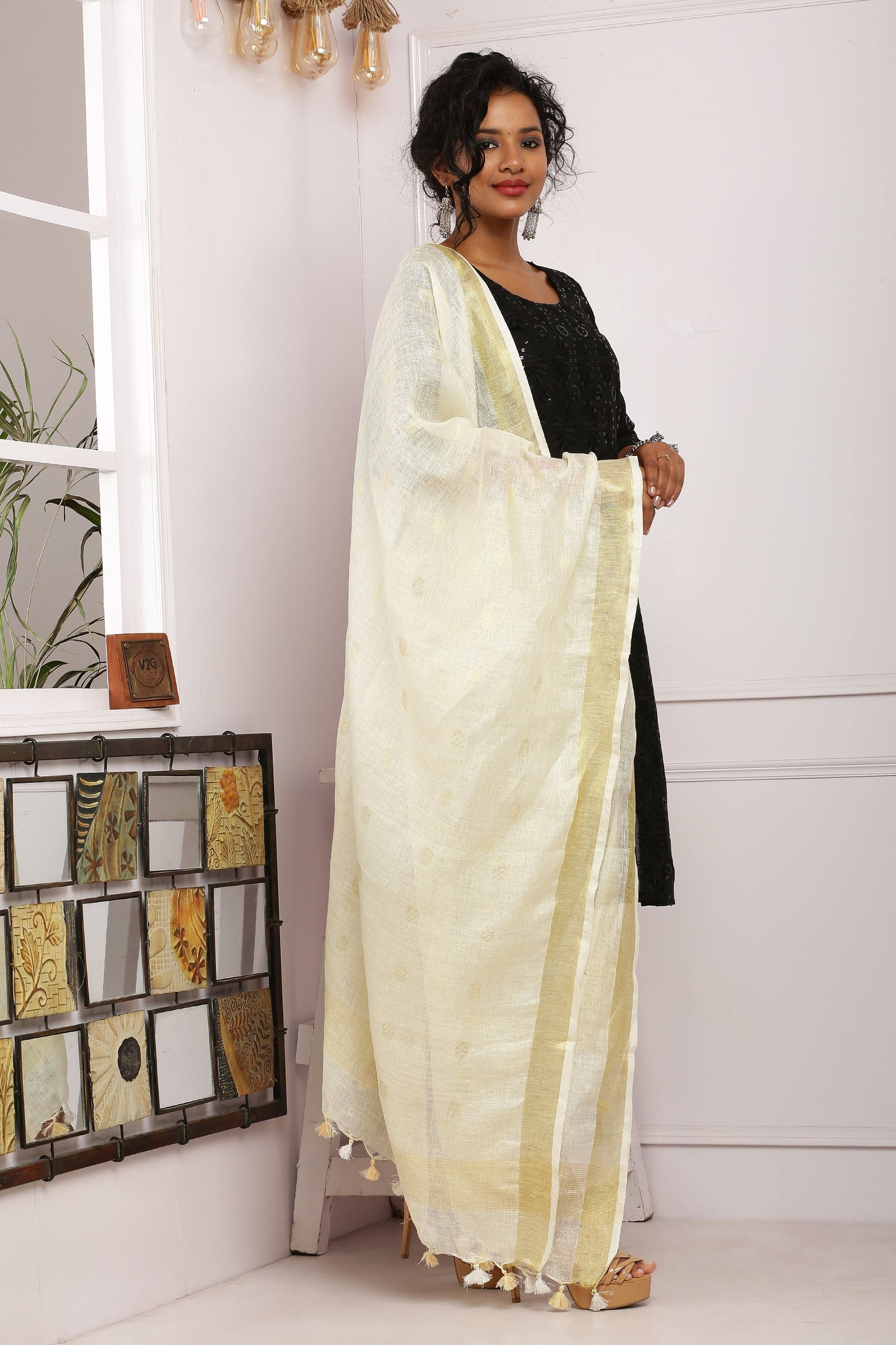 Dupatta - Cotton Gold Linen - Cream