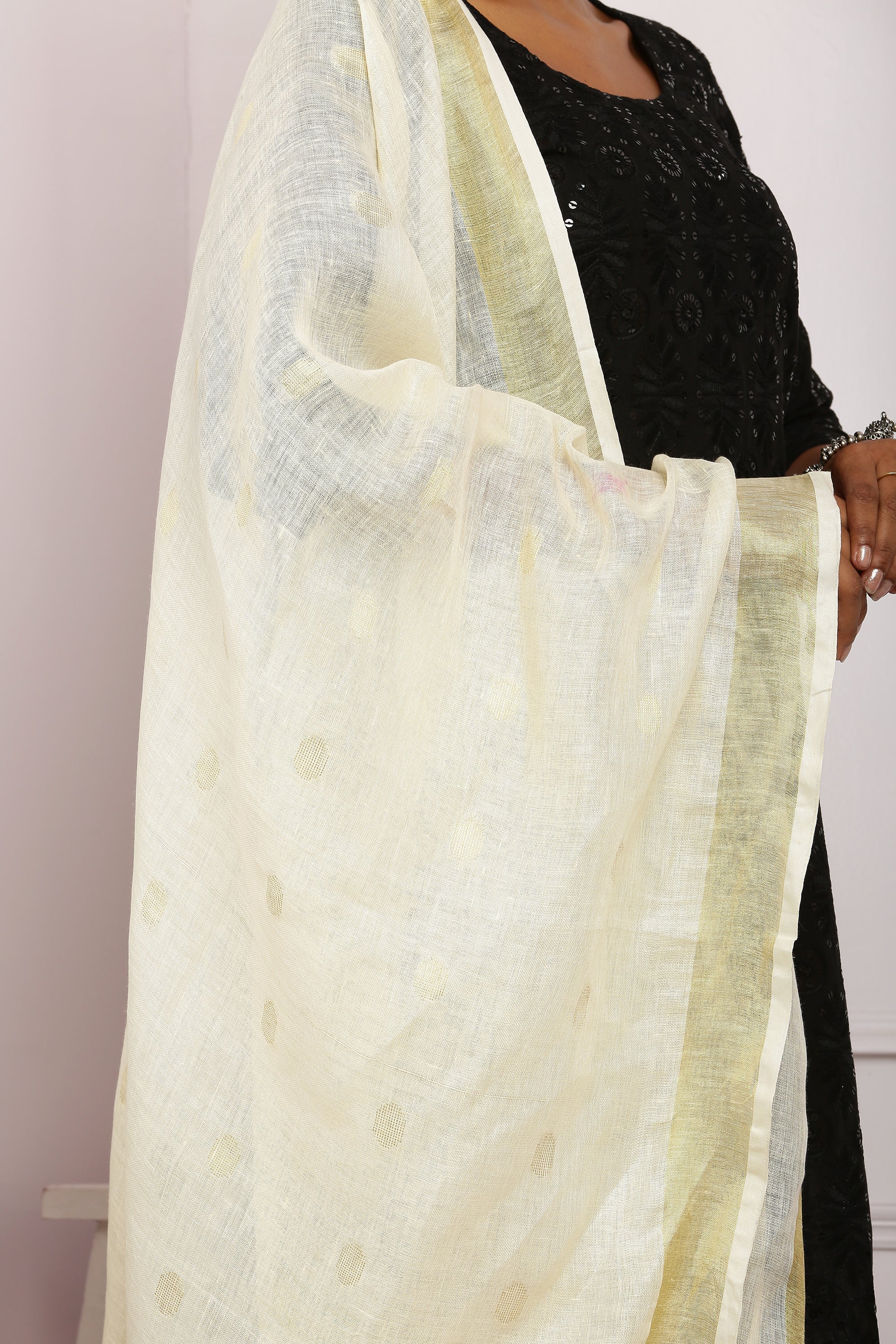 Dupatta - Cotton Gold Linen - Cream