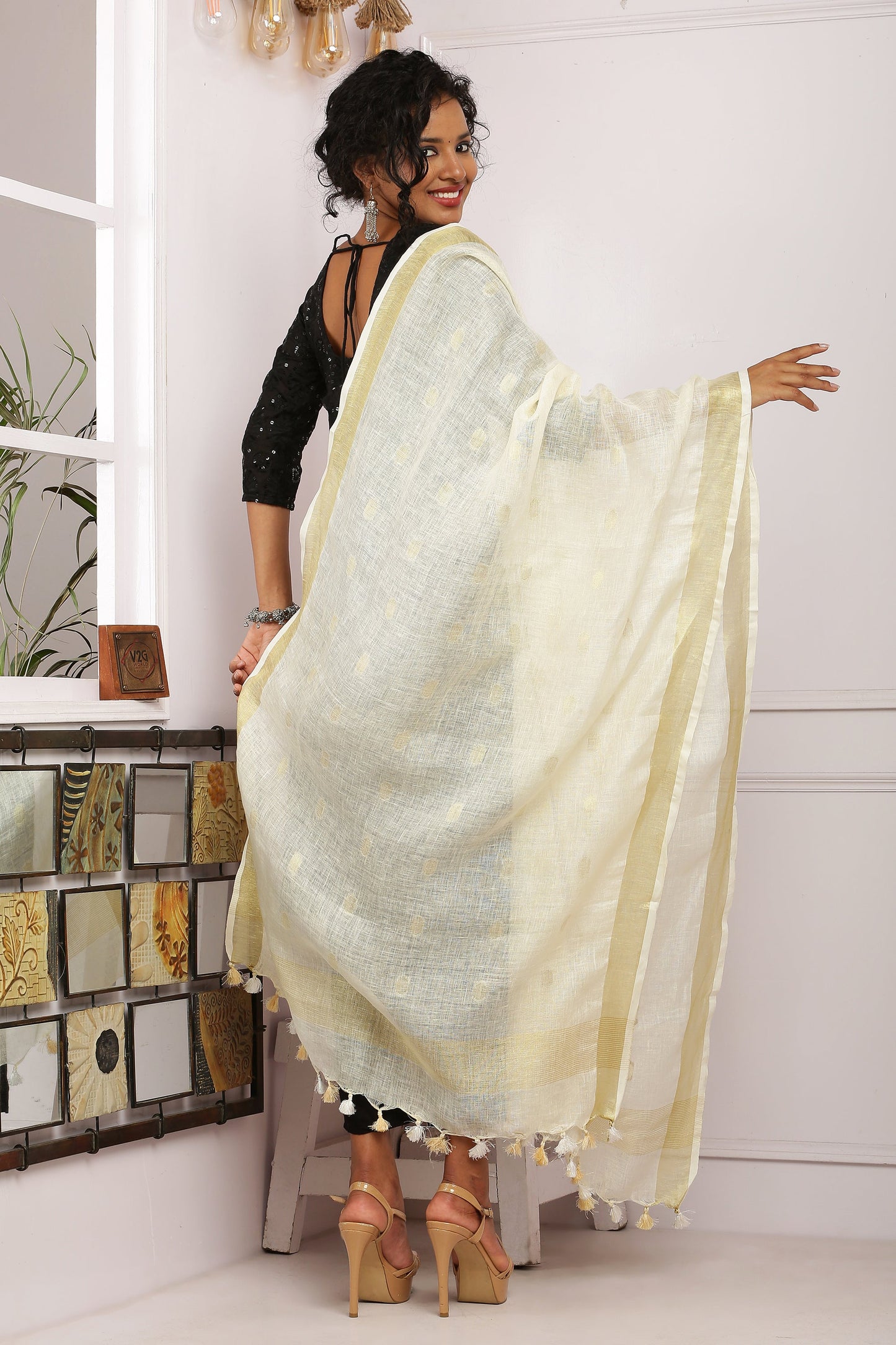 Dupatta - Cotton Gold Linen - Cream