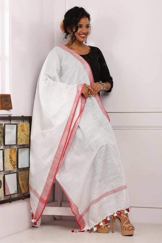 Dupatta-Cotton Slub Linen - White n Red