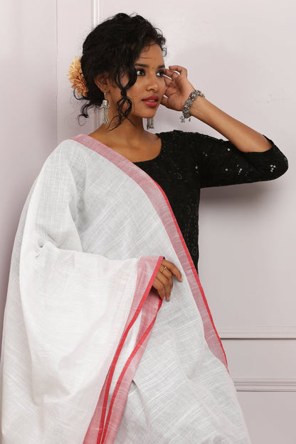 Dupatta-Cotton Slub Linen - White n Red
