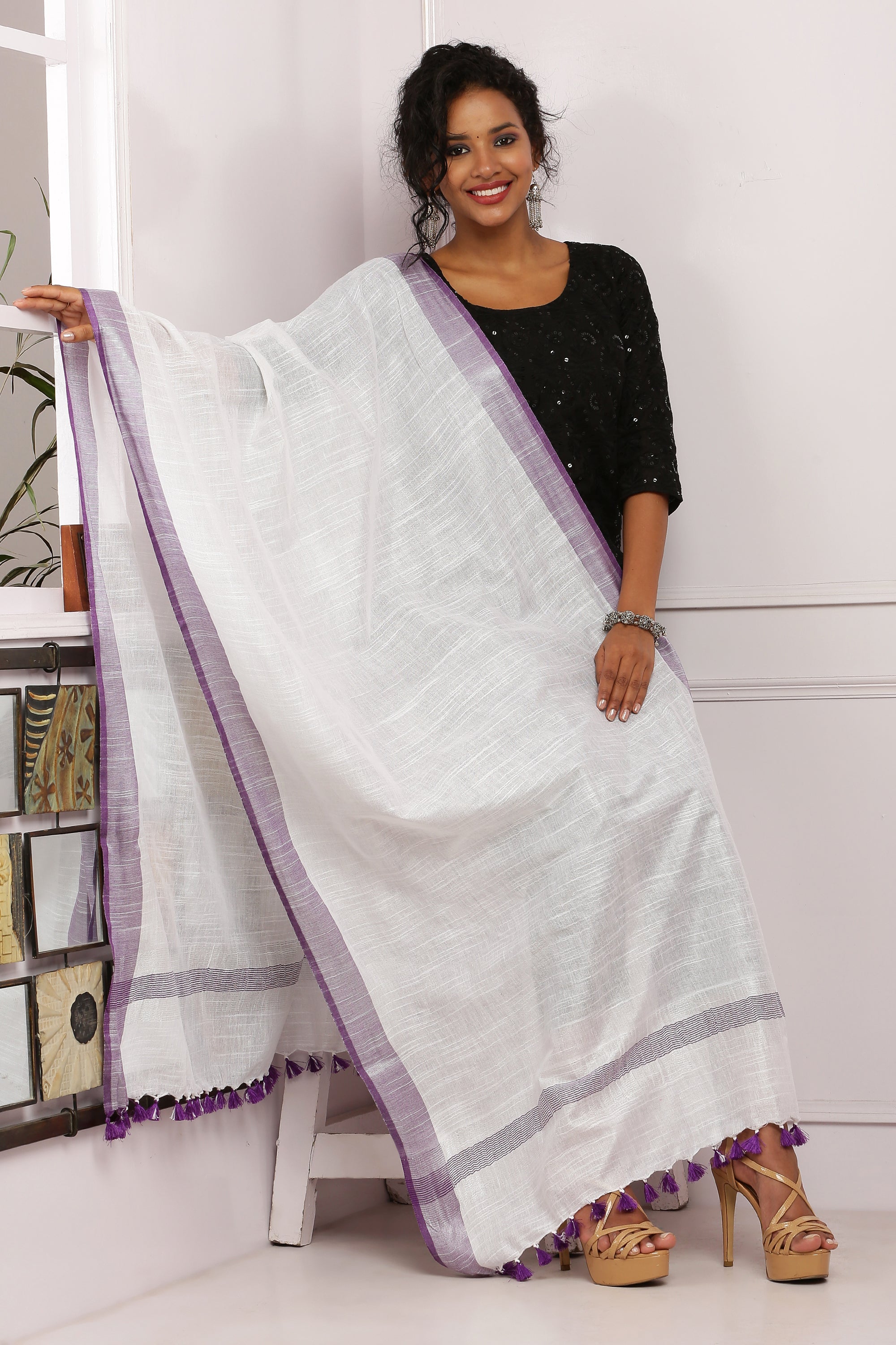 Dupatta-Cotton Slub Linen - White n Purple