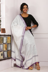 Dupatta-Cotton Slub Linen - White n Purple