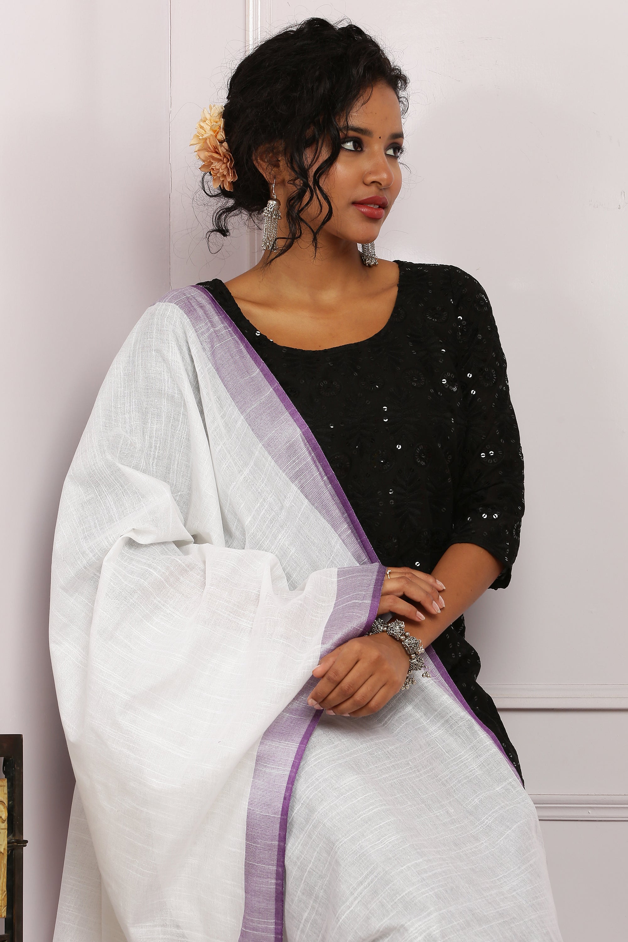 Dupatta-Cotton Slub Linen - White n Purple