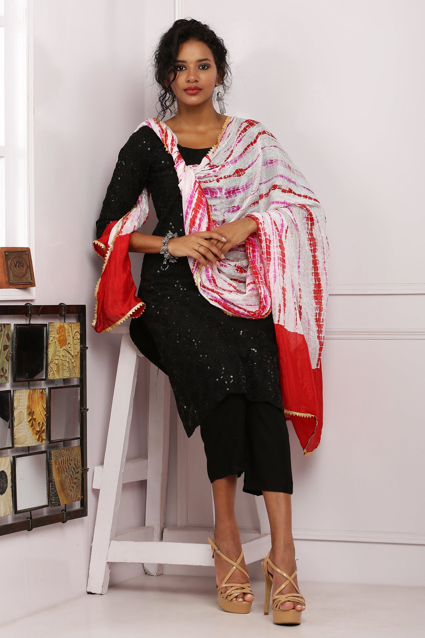 Dupatta-Lehariya Dupatta - Pink n Red