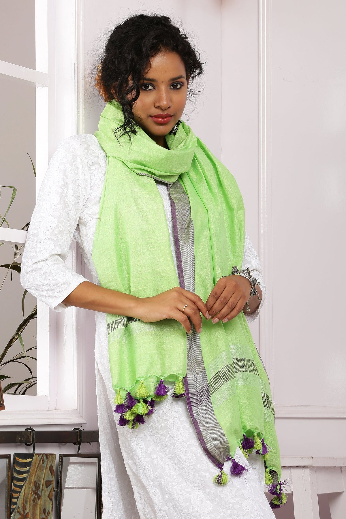 Dupatta-Cotton Slub Linen -Lime Green