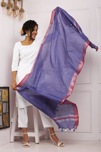 Dupatta-Cotton Slub Linen -Purple Blue n Red
