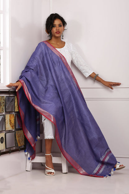 Dupatta-Cotton Slub Linen -Purple Blue n Red