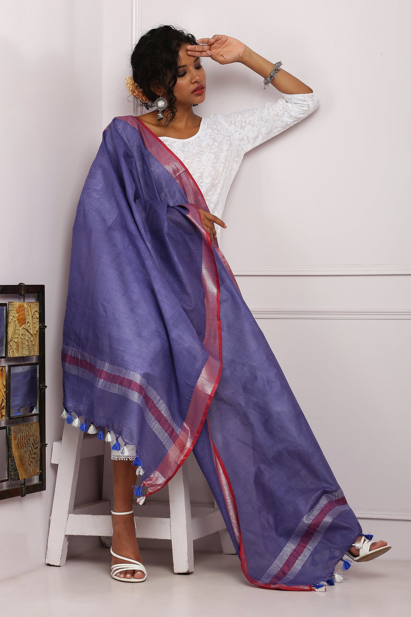 Dupatta-Cotton Slub Linen -Purple Blue n Red